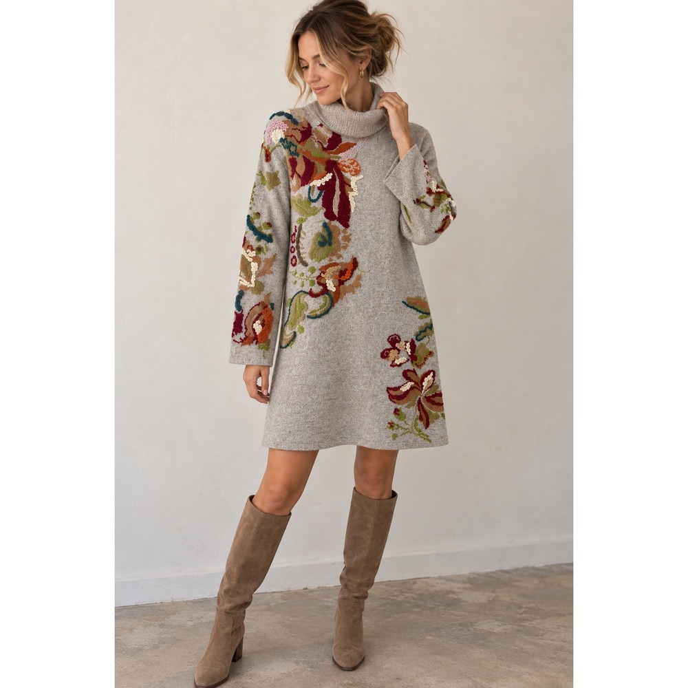 Anthropologie by Knitted & Knotted Embroidered Petals Swing Sweater Dress